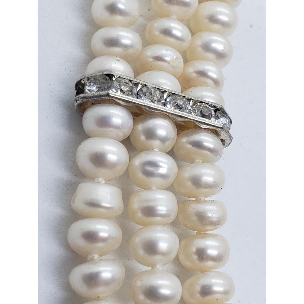 Freshwater Pearl Necklace 3 Strand White Rhinestone Spacers Silver Tone Layered - Picture 11 of 15